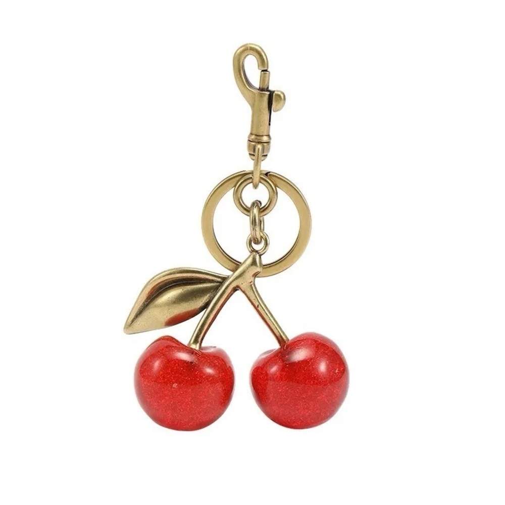 Cherry Bag Charm Keychain Red purse jewelry chain gold bronze fruit red sparkly